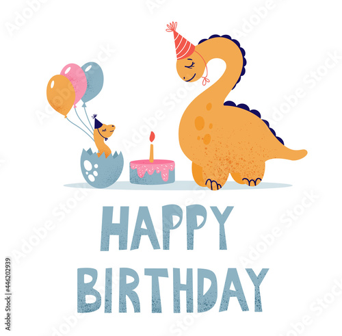 Children s birthday card with dinosaurs. A postcard in honor of the birth of a dinosaur hatched from an egg. Makes a wish to blow out the candle on the cake. 