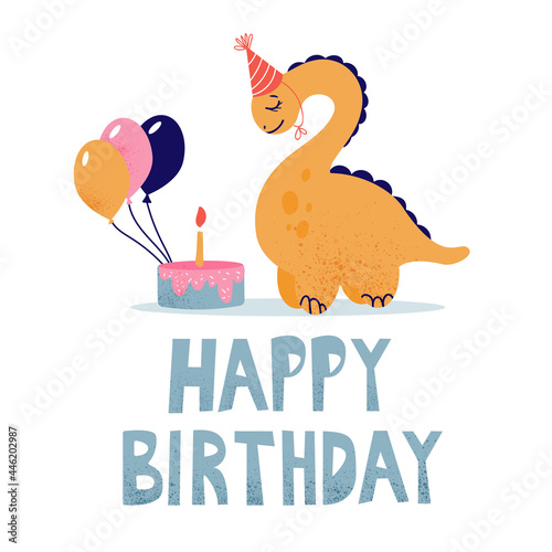 Children's birthday card with a dinosaur. A happy dinosaur makes a wish to blow out the candle on the cake. Clipart on a white background. A festive inscription in a children's style.