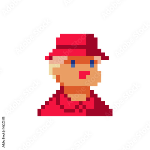 Adult woman in red clothes and hat, grandmother, female character. Avatar, portrait, profile picture. Pixel art. Flat style. Design of 80s. Game assets. 8-bit. Isolated vector illustration.