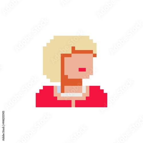 Girl female character. Woman pixel art icon. Flat style. Avatar, portrait, profile picture. Fashionable haircut. Hairdresser's logo. Game assets. 8-bit. Isolated vector illustration.