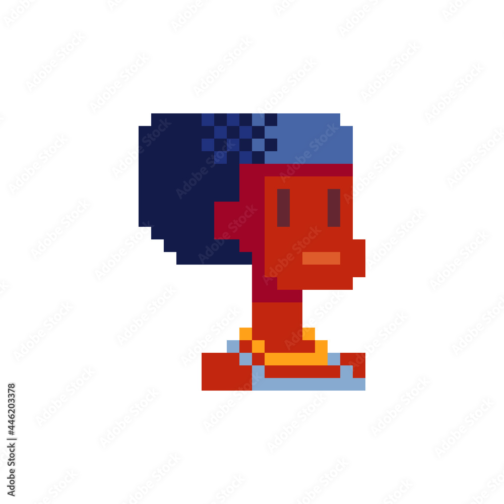 Fashion girl character. Pixel art. Flat style. Avatar, portrait, profile picture. Design of 80s. African american young woman. Game assets. 8-bit. Isolated vector illustration. Fashion girl character. Pixel art. Flat style. Avatar, portrait, profile picture. Design of 80s. African american young woman. Game assets. 8-bit. Isolated vector illustration.