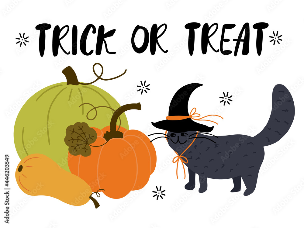 Obraz premium Cute doodle black cat wearing witches hat with pumpkins and squash, hand written lettering - trick or treat, vector clip art