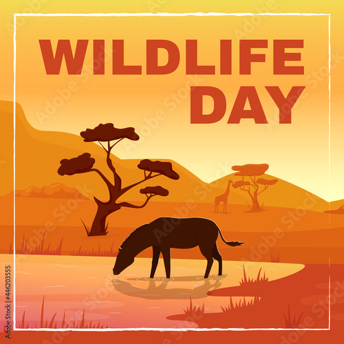 Wild fauna protection social media post mockup. Wildlife day phrase. Web banner design template. Raising awareness booster  content layout with inscription. Poster  print ads and flat illustration