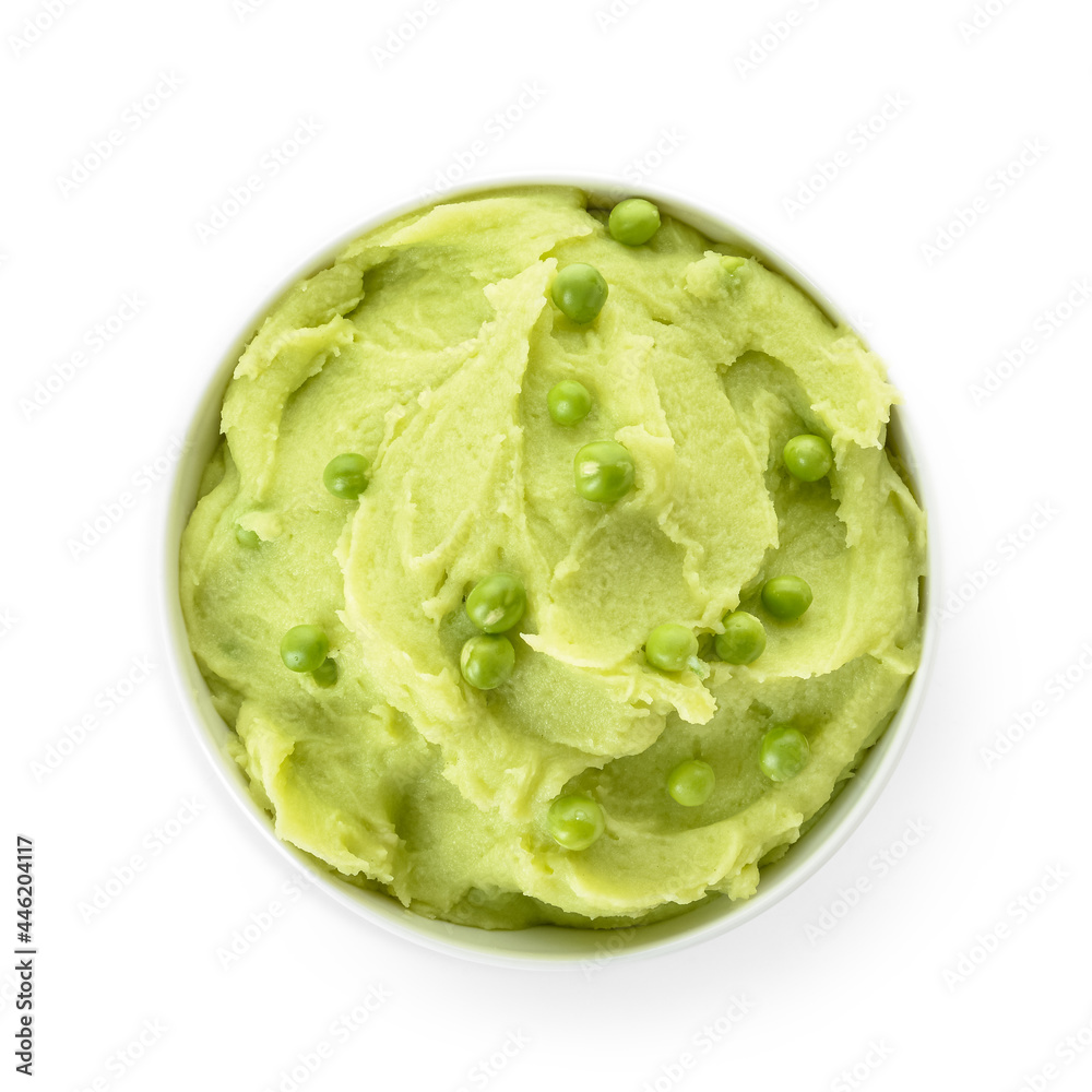 Bowl with mashed potatoes and green peas on white background Bowl with mashed potatoes and green peas on white background