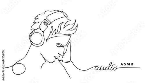 Man, guy in headphones simple vector banner, poster, background. ASMR concept. One continuous line drawing with text audio healing