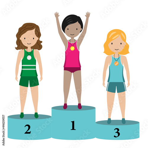 Female athletes on the podium. Olympics cartoon. Isolated vector	
