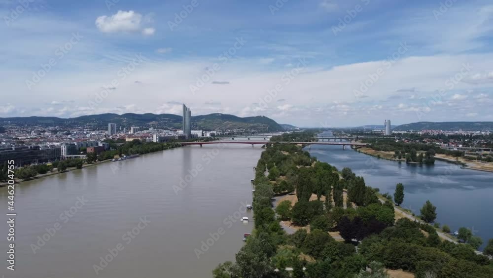 Drone view of danube river in Vienna Drone view of danube river in Vienna