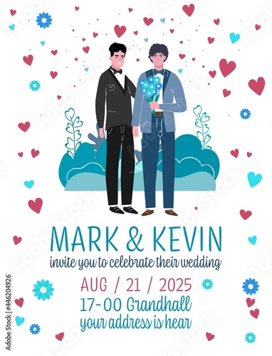 Unconventional wedding invitation. Gay, bisexual and transgender people marriage.