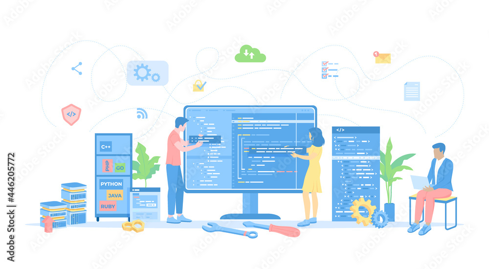 Back End Development, Coding, Testing, Software Engineering, Programming languages. Team of programmers write program code on a big monitor screen. Vector illustration flat style. Back End Development, Coding, Testing, Software Engineering, Programming languages. Team of programmers write program code on a big monitor screen. Vector illustration flat style.