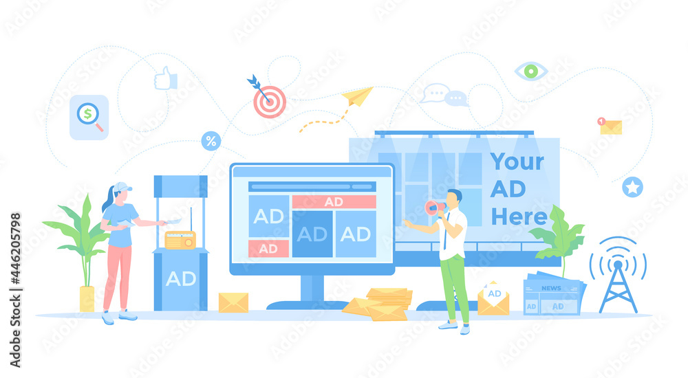 Advertising and Promotion. Showcase, online ads, on newspaper, billboard. Promoter handing out flyers, man with megaphone. Vector illustration flat style. Advertising and Promotion. Showcase, online ads, on newspaper, billboard. Promoter handing out flyers, man with megaphone. Vector illustration flat style.