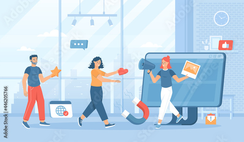Viral Marketing, Advertising and Promotion. Social media sharing. Flat cartoon vector illustration with people characters for banner, website design or landing web page  