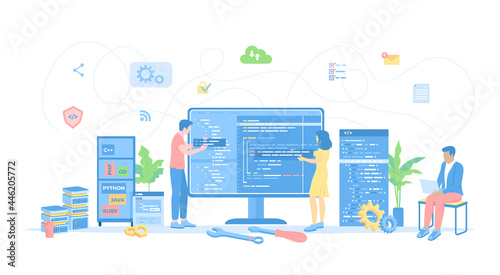 Back End Development, Coding, Testing, Software Engineering, Programming languages. Team of programmers write program code on a big monitor screen. Vector illustration flat style.