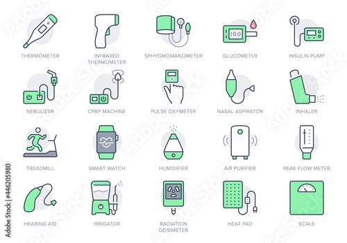 Personal medical devices line icons. Vector illustration include icon - thermometer, glucometer, insulin pump, outline pictogram for domestic health equipment. Green color, Editable Stroke