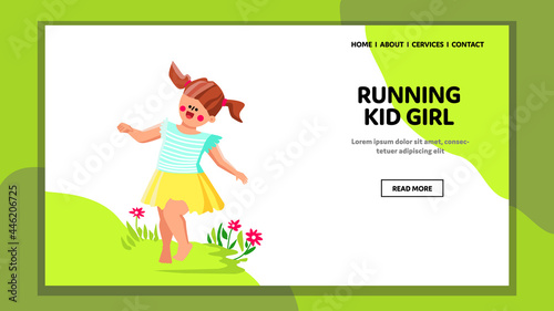Kid Girl Running On Flower Field Outdoor Vector. Happiness Kid Girl Running On Green Grass Park Meadow, Smiling Schoolgirl Weekend. Character Leisure Funny Time Web Flat Cartoon Illustration