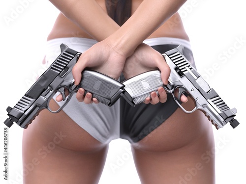 3D rendering illustration of the back of the girl holding a gun