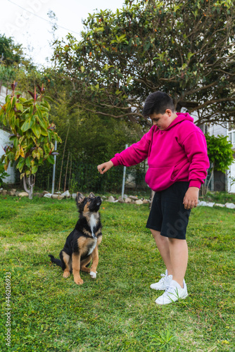 Niño jugando con un perro de raza pastor alemán en el jardín