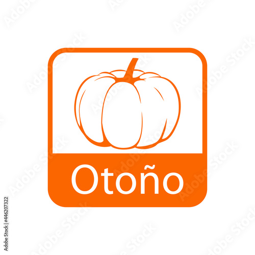 Icono con texto Otoño en español con silueta de calabaza en cuadrado de color naranja