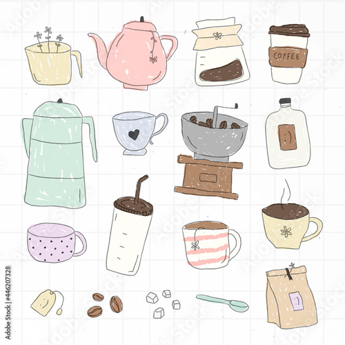 Cute coffee doodle design element vector set