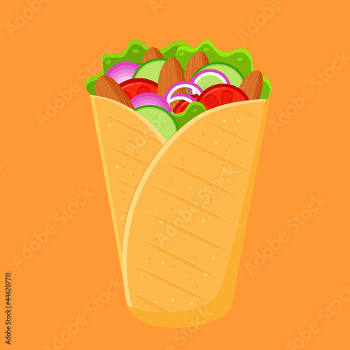 Shawarma or chicken wrap vector icon. Turkish fast food with meat and vegetables in pita bread. Meal on the grill of shawarma illustration.