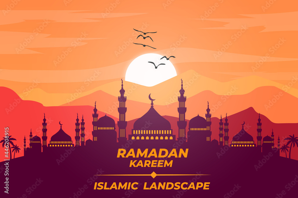 Ramadan Kareem Islamic Landscape Flat Mosque Mountain Sky Sunset