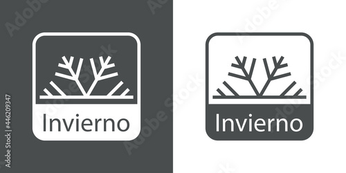 Icono con texto Invierno en español con copo de nieve en cuadrado en fondo gris y fondo blanco
