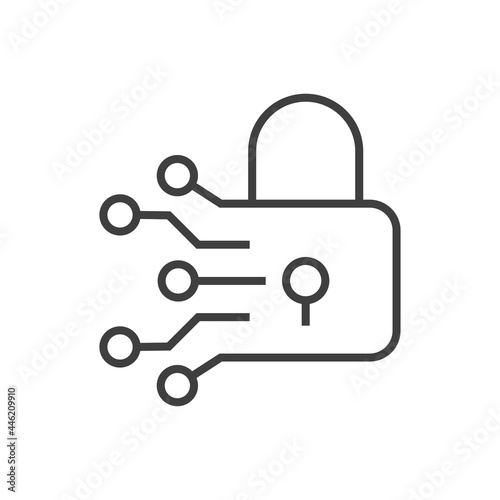 Tecnología de cyber seguridad. Logotipo con candado con circuito electrónico con lineas en color gris