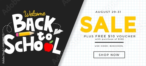 Back to school sale banner design template. Welcome back to school background. Flat style vector illustration for retail marketing promotion. Trendy school shopping concept with lettering.