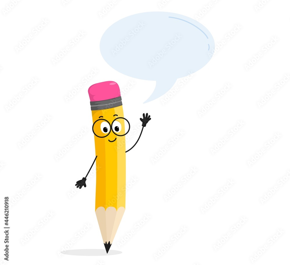 Yellow cartoon pencil character with blue speech bubble. Business team idea, creativity, education concept or back to school design element. Clever yellow pencil character vector illustration