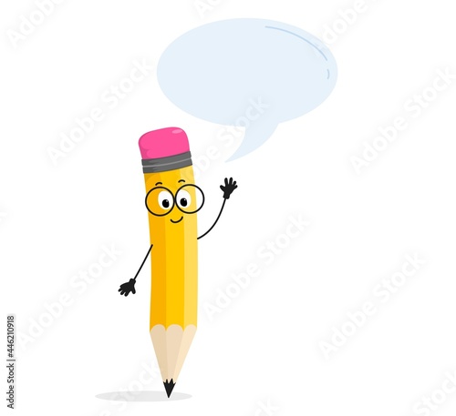 Yellow cartoon pencil character with blue speech bubble. Business team idea, creativity, education concept or back to school design element. Clever yellow pencil character vector illustration