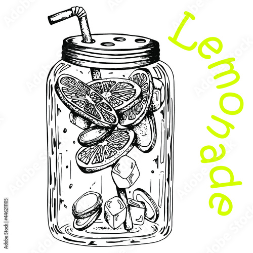 Glass jar with lemon, ginger slices, mint leaves, ice and straw. Black and white drawing. Hand drawing. Isolated on a white background. Doodle. Engraving. photo