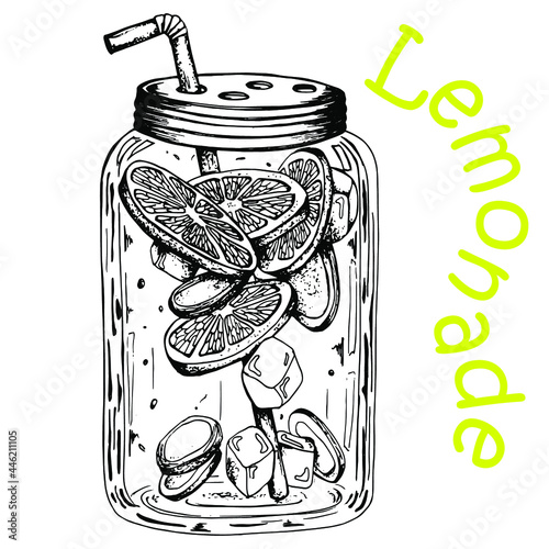 Glass jar with lemon, ginger slices, mint leaves, ice and straw. Black and white drawing. Hand drawing. Isolated on a white background. Doodle. Engraving.
