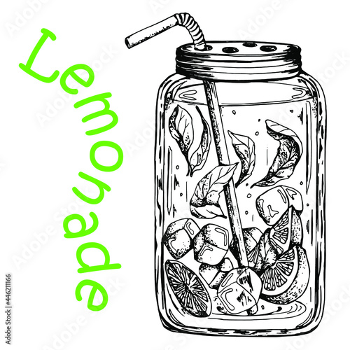 Glass jar with lemon, mint leaves, ice and straw. Black and white drawing. Hand drawing. Isolated on a white background. Doodle. Engraving. photo