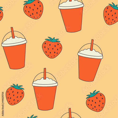 Vector illustration strawberry and drink seamless pattern with orange background. 
Doodle summer berries and milkshake or smoothies with straw.
Best for textile, wrapping paper.