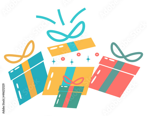 Set of bright gifts in a flat style. Unexpected surprise in colorful boxes. A special holiday - Birthday, New Year with a bouquet of gifts. Multicolored isolated vector illustrations for the holidays.