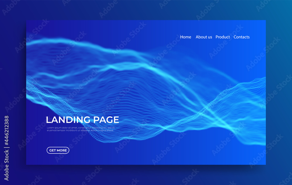 Abstract landing page background with blue particles. Flow wave with dot landscape. Digital data structure. Future mesh or sound grid. Pattern point visualization. Technology vector illustration.