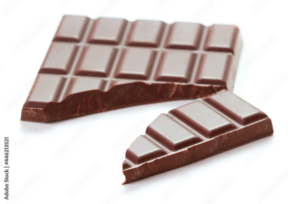 broken milk chocolate bar isolated on white background