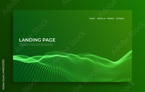 Abstract landing page background with green particles. Flow wave with dot landscape. Digital data structure. Future mesh or sound grid. Pattern point visualization. Technology vector illustration.