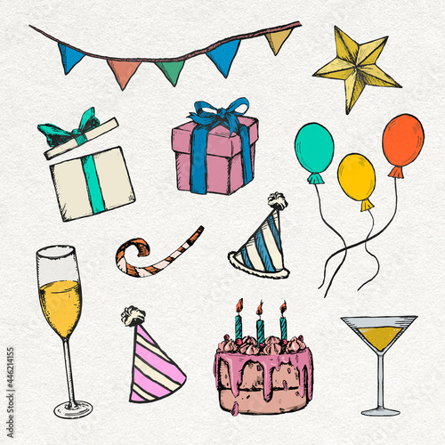 Birthday party decorations sticker vector colorful vintage illustrations set