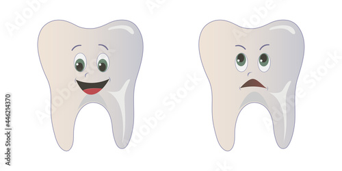 A set of teeth, a funny and sad tooth. Illustration isolated on white background.