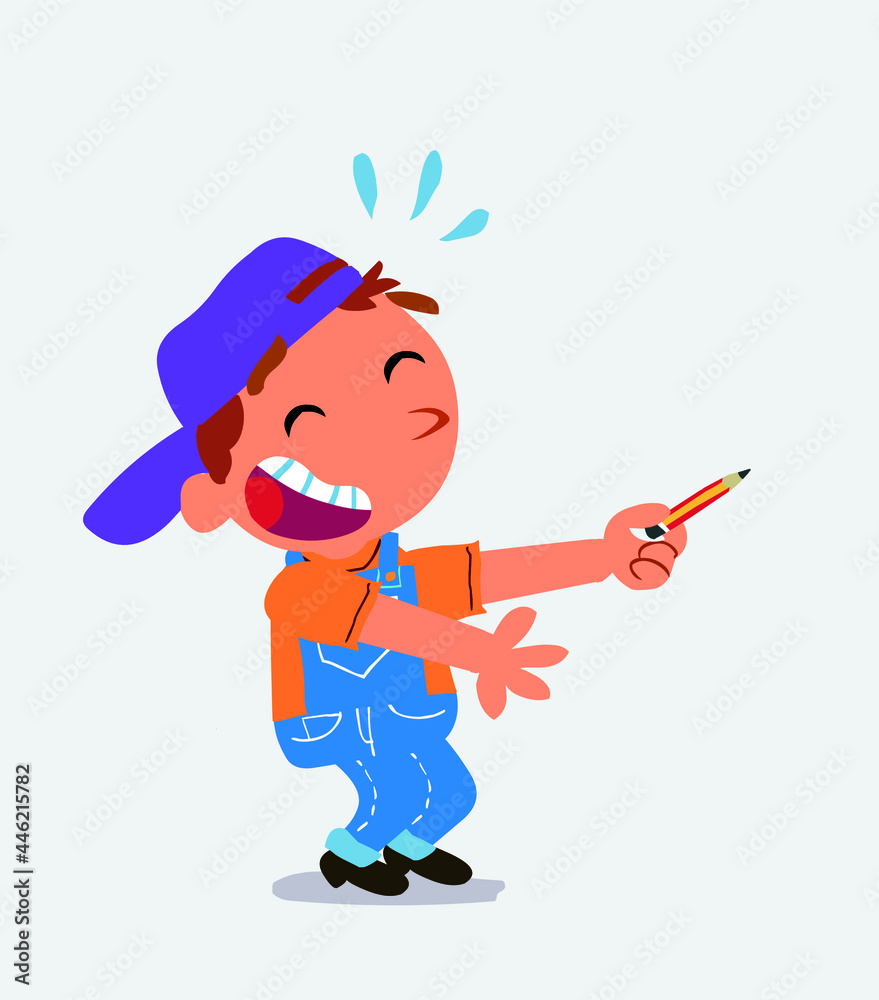 cartoon character of little boy on jeans laughs while pointing to the side with a pencil cartoon character of little boy on jeans laughs while pointing to the side with a pencil