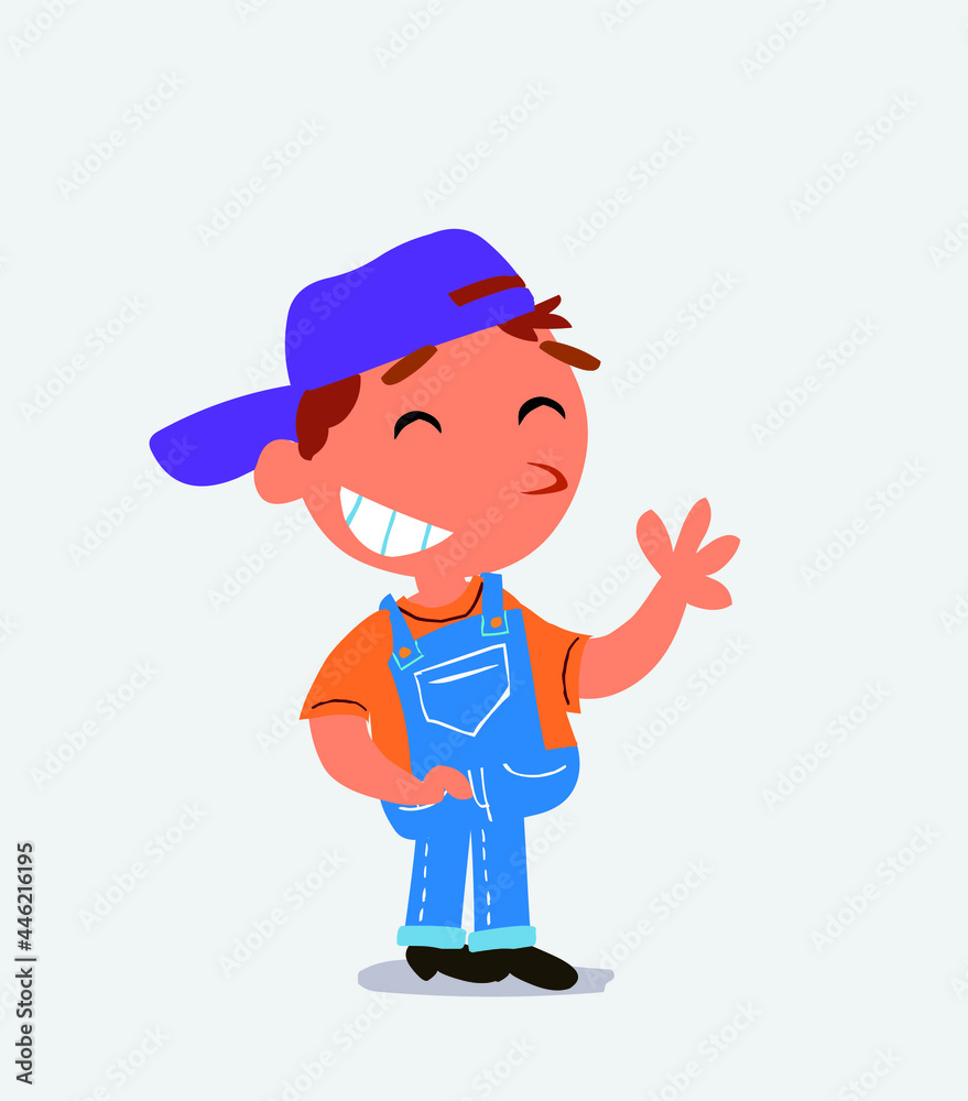 cartoon character of little boy on jeans waving informally while laughing. cartoon character of little boy on jeans waving informally while laughing.