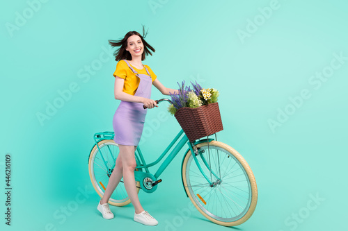 Fototapeta Naklejka Na Ścianę i Meble -  Full body photo of cheerful young happy lady wind blow hair ride hold bike isolated on pastel teal color background