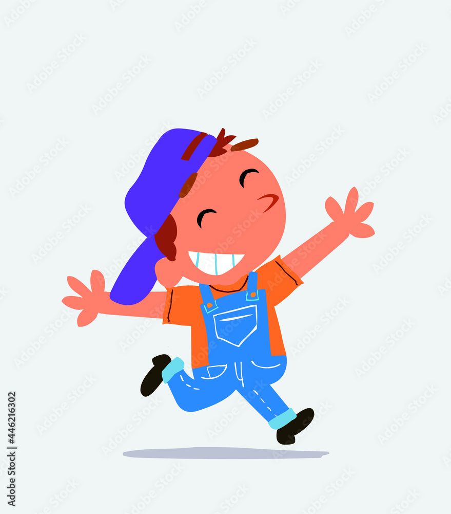 cartoon of little boy on jeans running euphoric