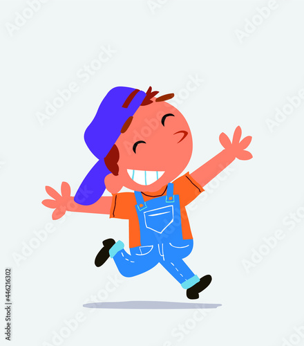 cartoon of little boy on jeans running euphoric