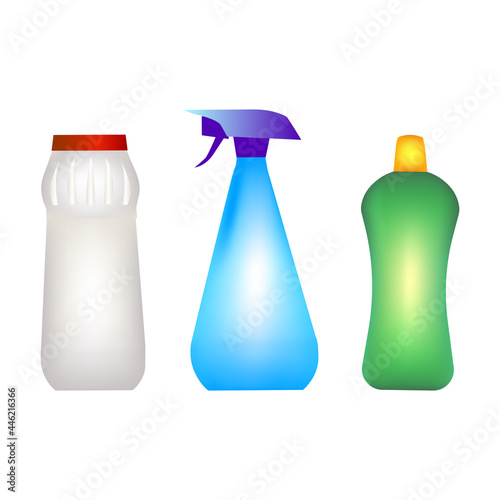 Chemical cleaning products, powder, spray bottle isolated on white background. Housekeeping for disinfection vector illustration.
