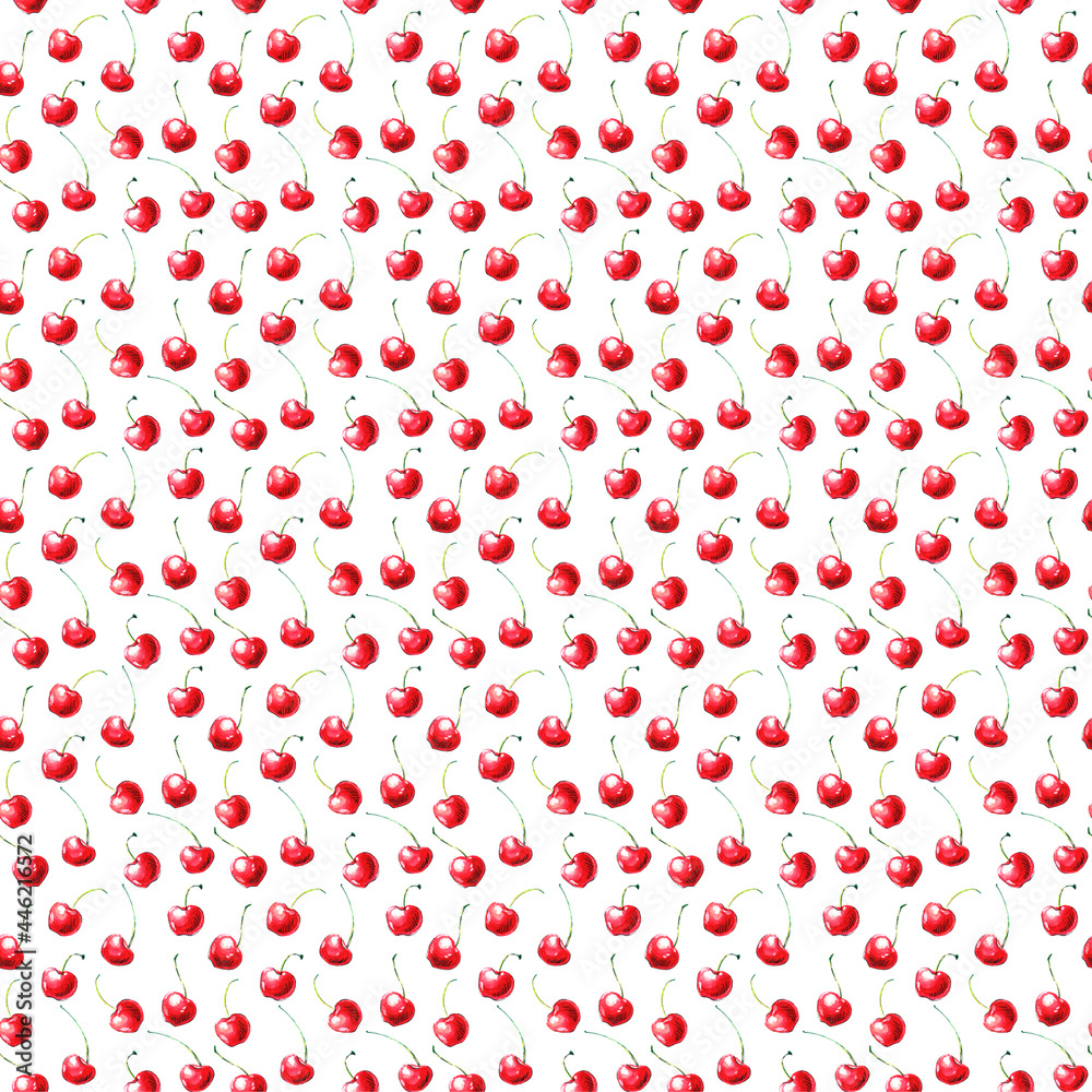 Seamless pattern of watercolor single Cherries on the white background. Hand drawn bright texture, images of berry in sketch style Seamless pattern of watercolor single Cherries on the white background. Hand drawn bright texture, images of berry in sketch style