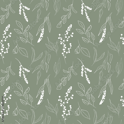 Botanical floral seamless pattern. White hand-drawn line art with leaves and simple flowers on a muted sage green background photo