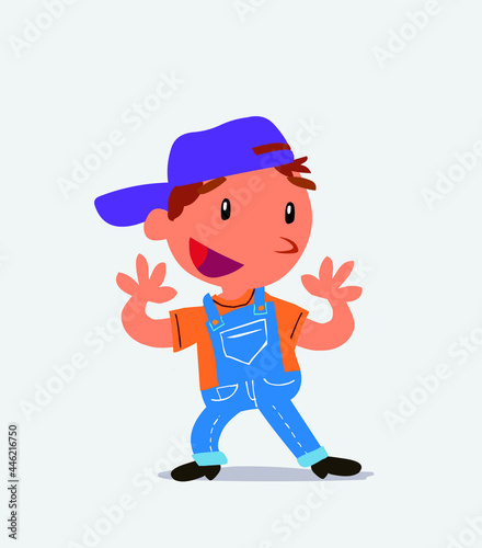 Pleasantly surprised cartoon character of little boy on jeans
