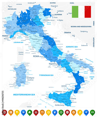 Italy Administrative Divisions Map Blue Colors and Colored Map Icons