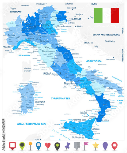 Italy Administrative Divisions Map Blue Colors and Flat Map Icons